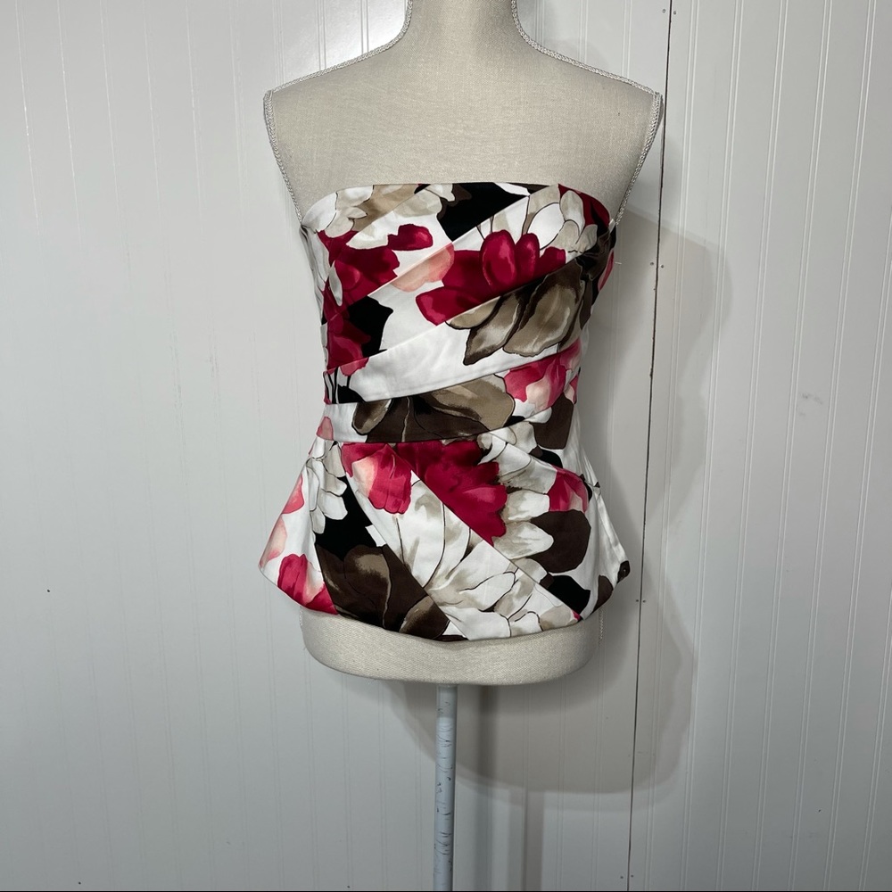 White House Black Market Strapless Floral Peplum Top in White, Pink, Brown